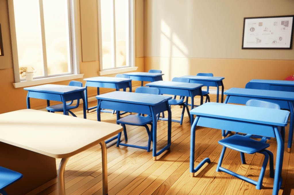 Classroom with blue desks