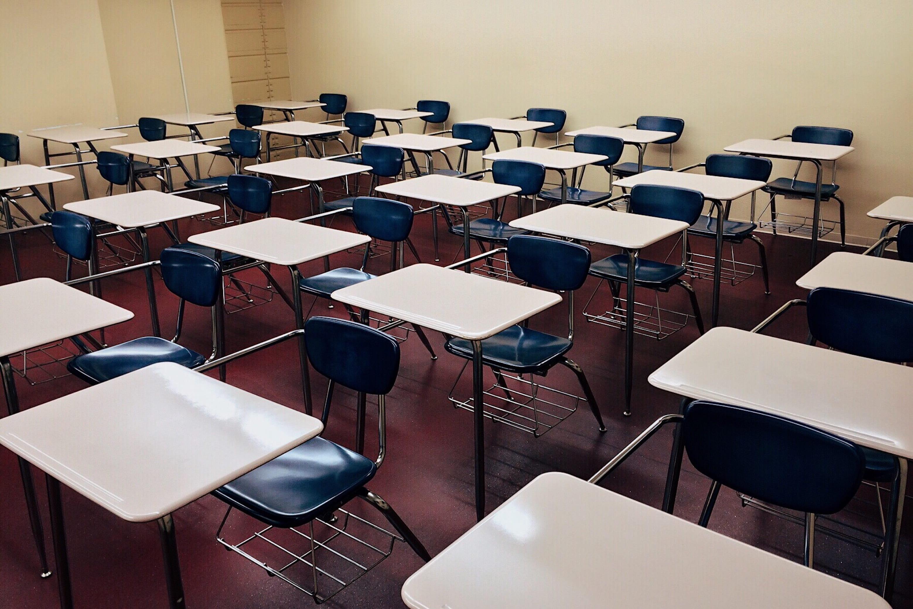 Classroom with blue desks
