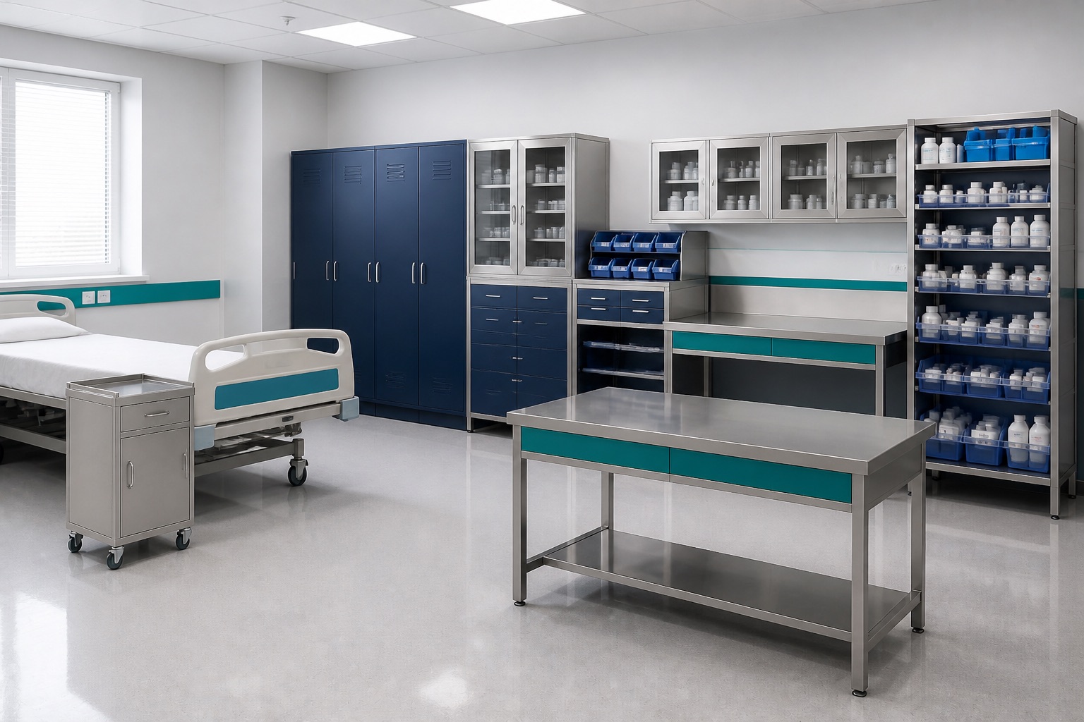 Illustrated grouping of pharmacy racks, clinical cabinets, a bedside unit and hospital lockers — not a photograph of a VERO installation.