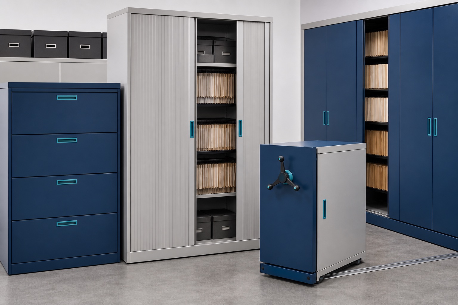 Illustrated visualisation of steel filing cabinets and compactors — not a photograph of a VERO installation.