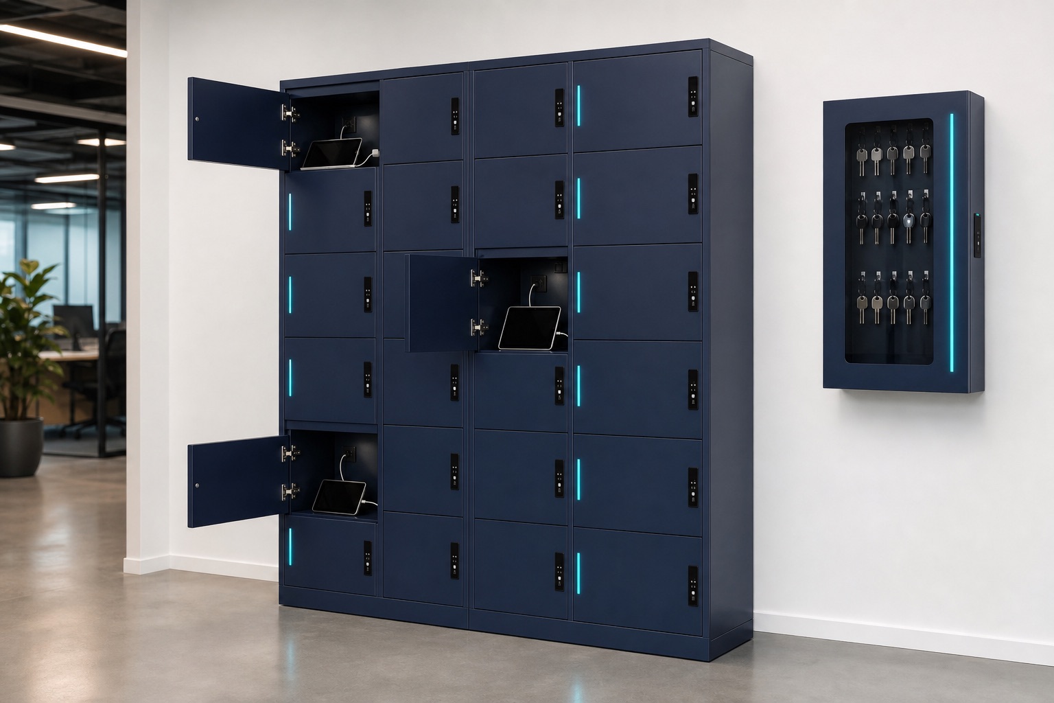 Illustrated visualisation of Charging Lockers — not a photograph of a VERO product or installation.