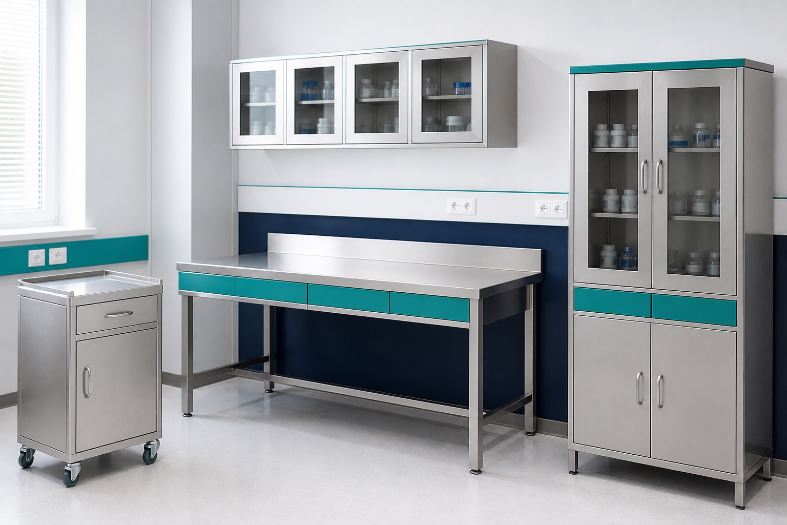 Illustrated visualisation of healthcare and laboratory furniture — not a photograph of a VERO installation.