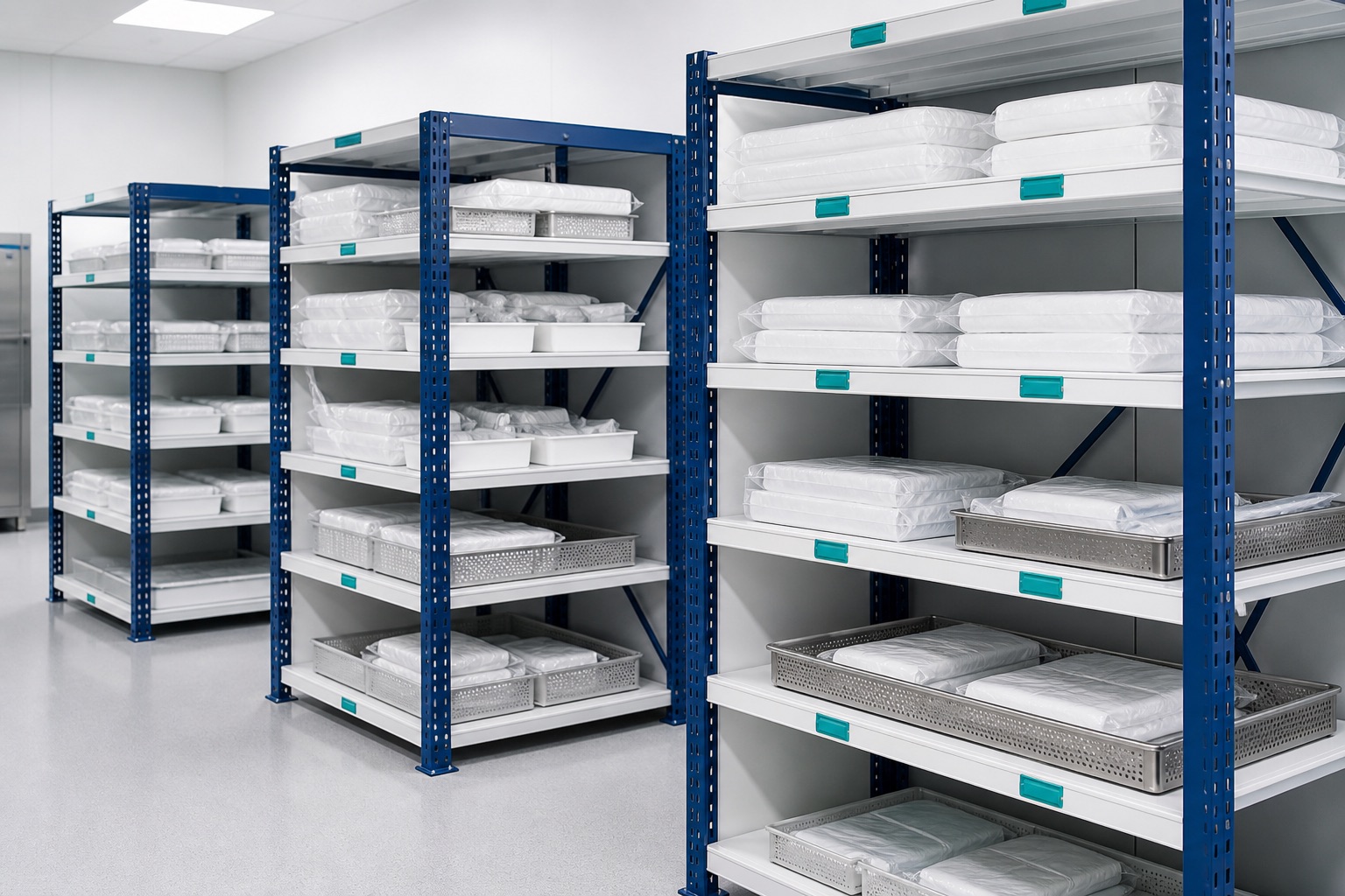 Illustrated visualisation of Medical Storage Racks — not a photograph of a VERO product or installation.