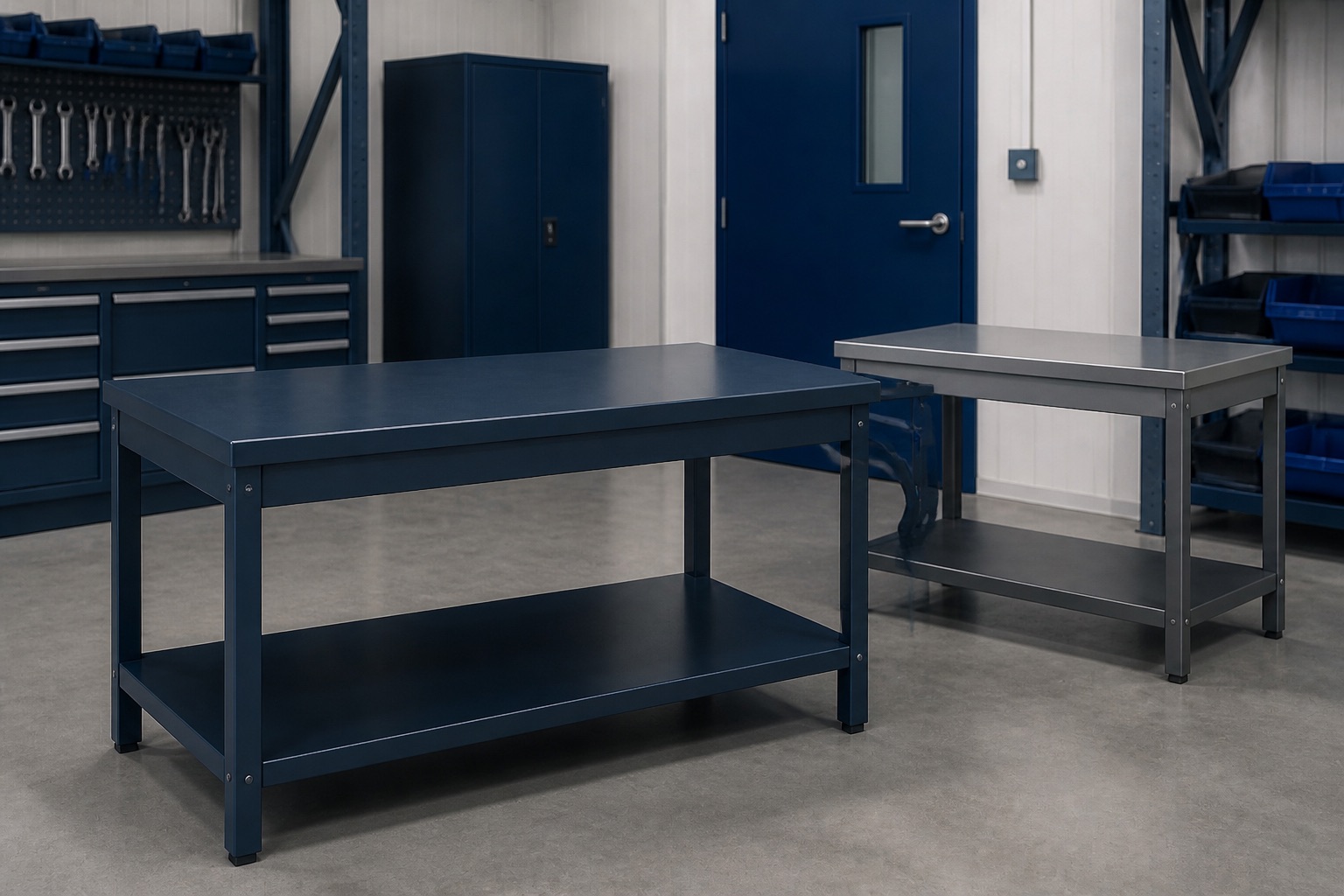 Illustrated visualisation of Mild-Steel Tables — not a photograph of a VERO product or installation.
