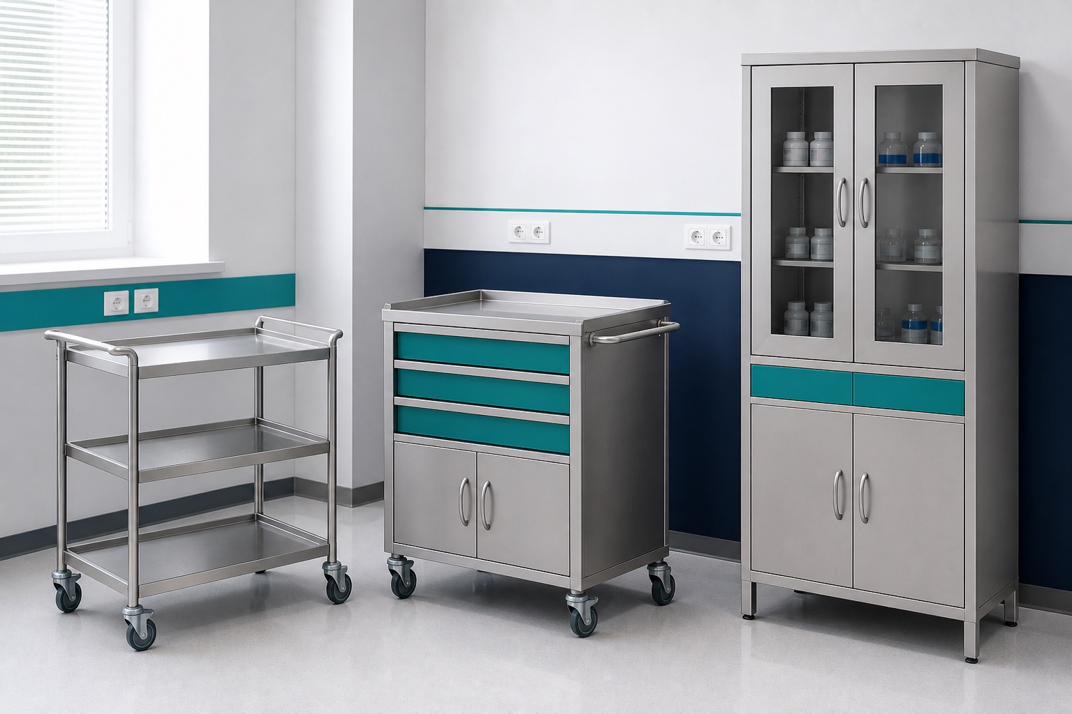 Illustrated visualisation of Stainless-Steel Healthcare Furniture — not a photograph of a VERO product or installation.