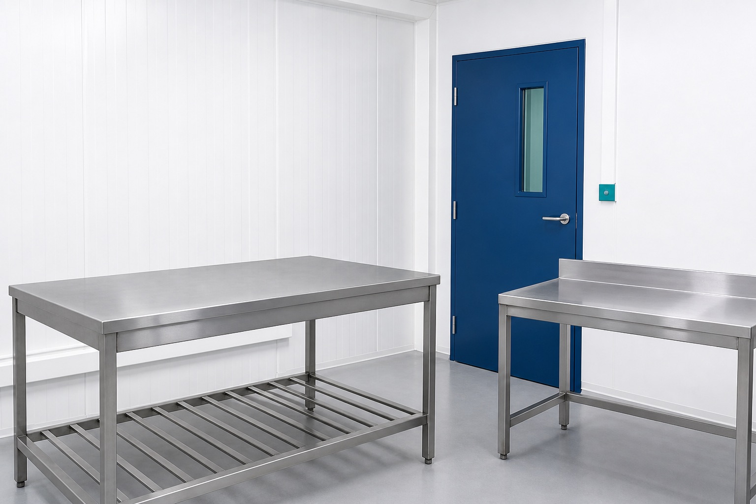 Illustrated visualisation of steel work tables and doors — not a photograph of a VERO installation.