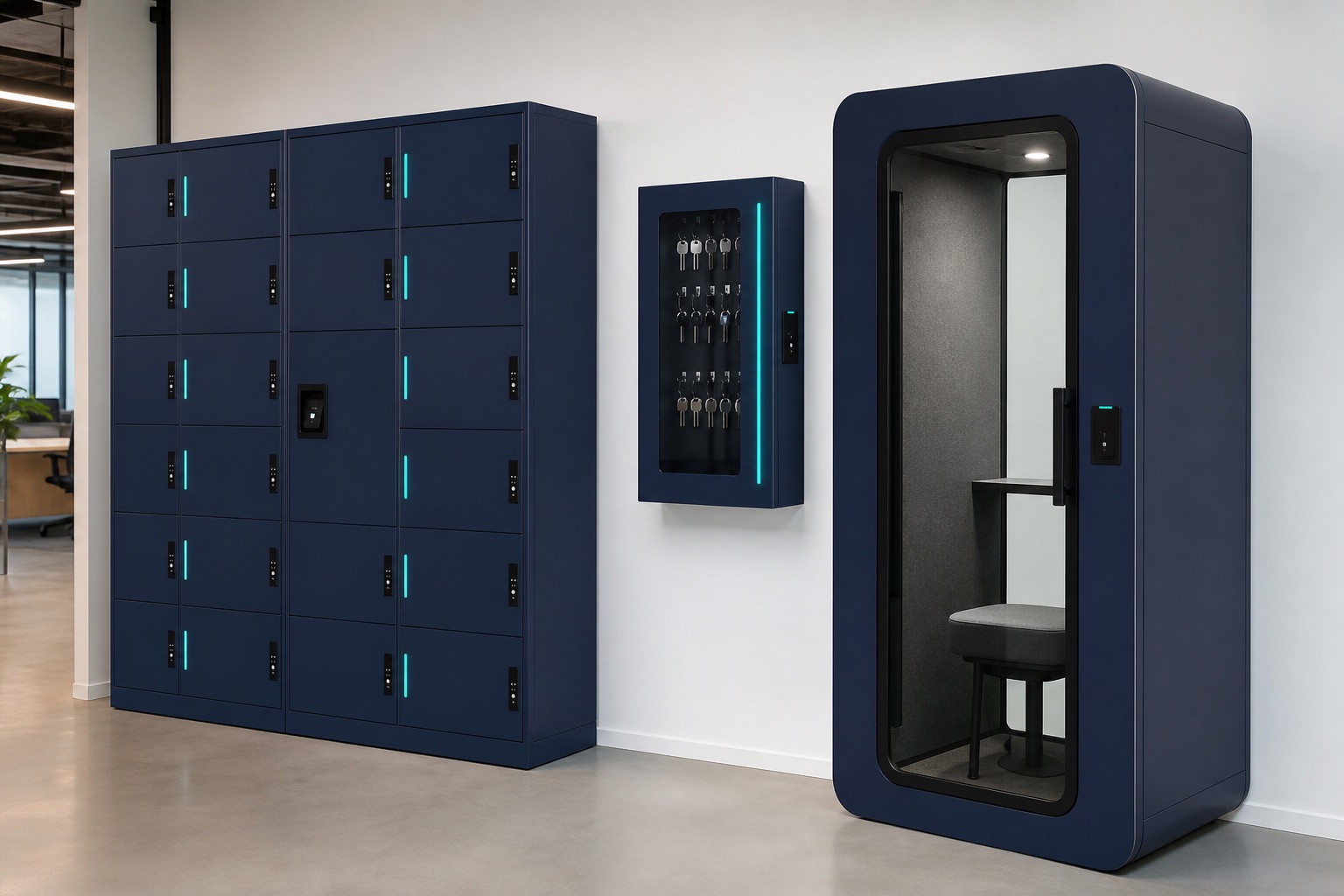 Illustrated visualisation of connected lockers, a key cabinet and a focus pod — not a photograph of a VERO installation.